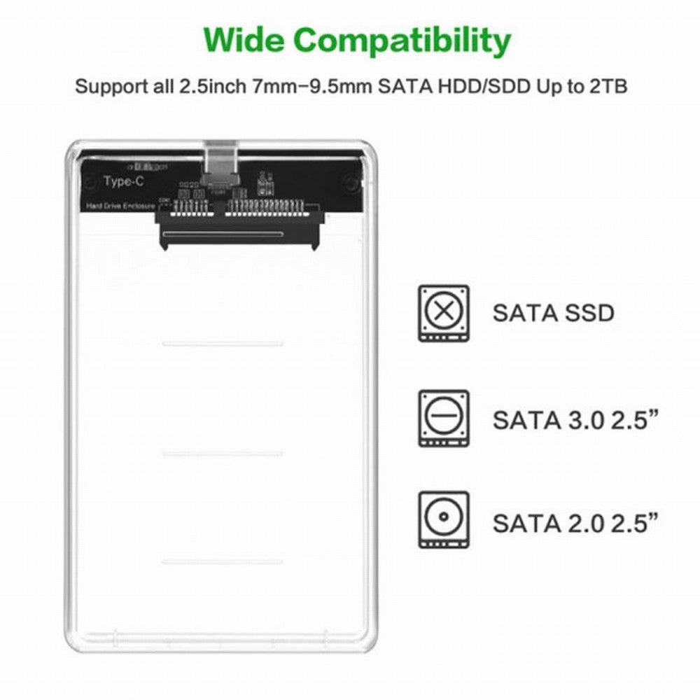 Chenyang USB-C Type-C to 2.5 Inch SATA SSD HDD External Enclosure Transparent for Laptop PC UC-079-WH
