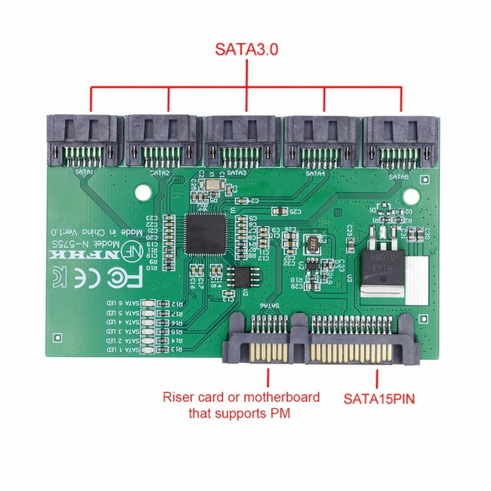 Chenyang SATA 3.0 6Gbps 1 to 5 Splitter Ports HUB Adapter Converter PM Multiplier Port Selector JMB575 SA-054