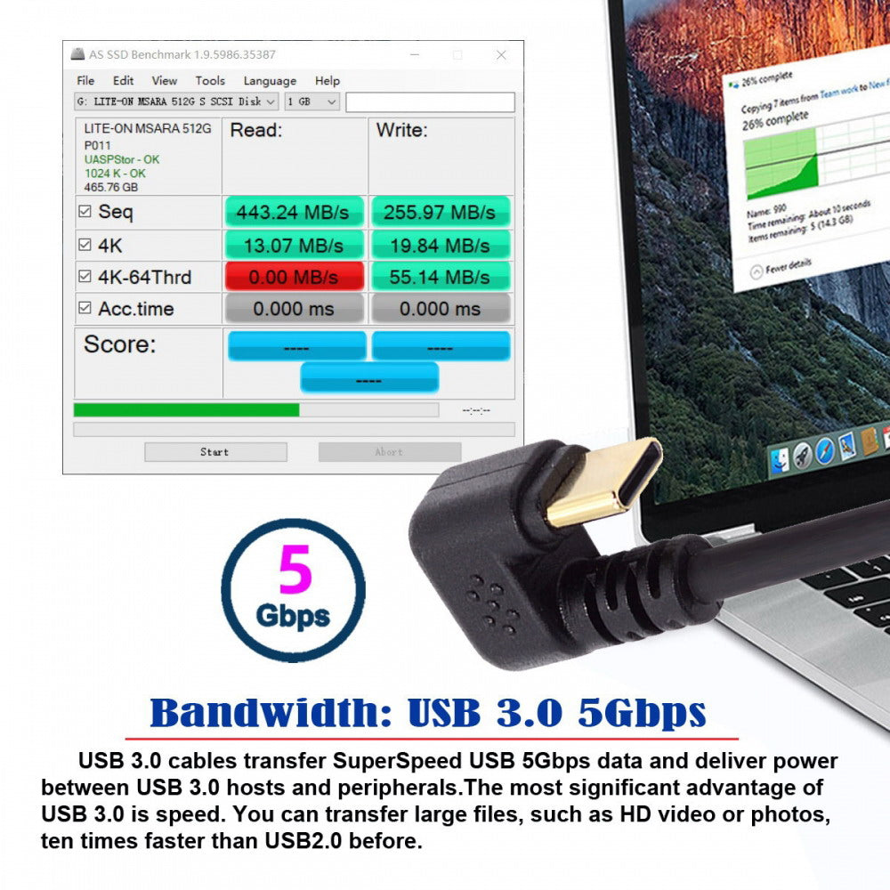 Chenyang Right Angled USB3.0 Type-A to Type C USB-C Male to Male Power Data Cable 5Gbps USB-C Opposite U Shape Back Angled UC-101-RI
